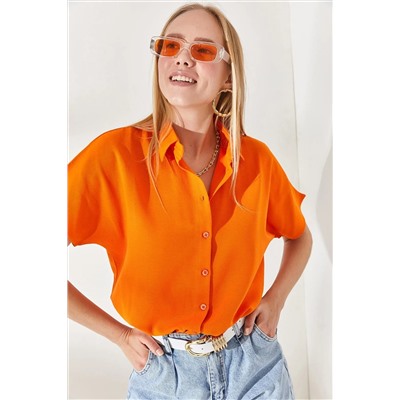 Olalook, Kadın Turuncu Yarasa Oversize Keten Gömlek  GML-19001109
