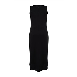 Siyah Düz Kesim Yırtmaçlı Maxi/Uzun %100 Pamuk Örme Elbise TBBSS22AH0162