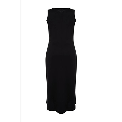 Siyah Düz Kesim Yırtmaçlı Maxi/Uzun %100 Pamuk Örme Elbise TBBSS22AH0162