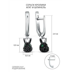 Серьги из серебра с зелёным агатом и чёрной шпинелью родированные - Кролики 925 пробы 2-505рч41609