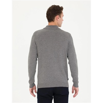 Gri Melanj Slim Fit Yarım Balıkçı Basic Triko Kazak