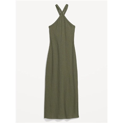Fitted Rib-Knit Halter Midi Dress for Women