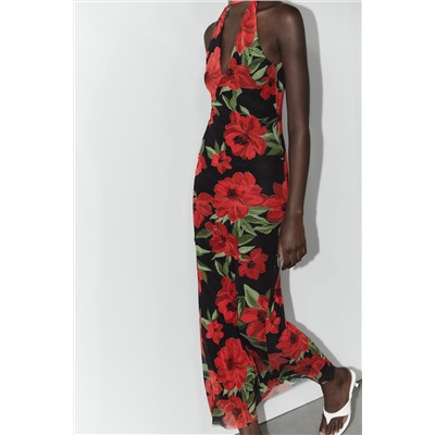 FLORAL PRINT TULLE SCARF DRESS