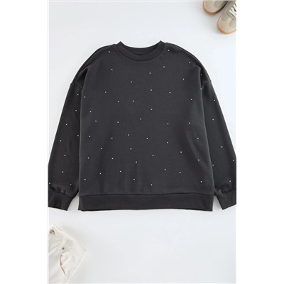 Antrasit Kalın Taşlı Detaylı Örme Sweatshirt Büyük Beden Sweatshirt TBBAW24SW00000