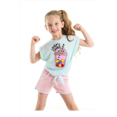 Denokids Sweet Milkshake Kız Çocuk Crop Top Mavi T-Shirt Pembe Şort Takım CFF-22Y1-003