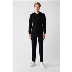 Siyah 3 Düğmeli Polo Yaka Regular Fit Standart Kesim Triko Kazak