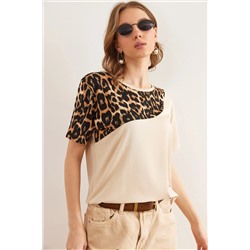 Olalook, Kadın Bej Yaka Leopar Detaylı Örme Viskon Tişört TSH-19000836