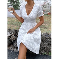 SHEIN LUNE Gingham Puff Sleeve Shirred Waist Dress