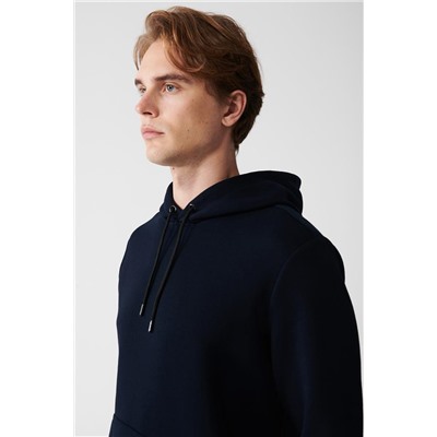 Lacivert Kapüşonlu Yaka İçi Polarlı 3 İplik Pamuklu Regular Fit Standart Kesim Unisex Sweatshirt