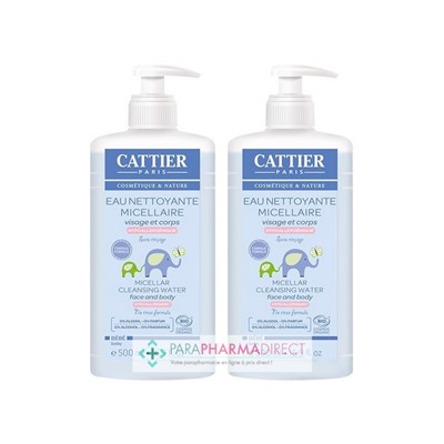 Cattier Bébé Eau Nettoyante Micellaire Hypoallergénique sans Rinçage Visage & Corps BIO 2x500mlLot  × 2