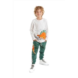 Denokids Stegosaurus Erkek Çocuk Beyaz T-shirt Haki Pantolon Takım CFF-23S1-017