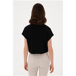Kadın Siyah Crop Bisiklet Yaka Tişört