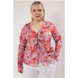 Trendyol Curve Pembe Çiçek Desenli Bağlamalı Tül Örme Büyük Beden Bluz TBBSS25AF00093