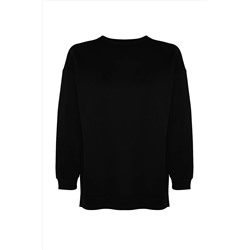 Siyah Kalın İçi Polarlı Yırtmaçlı Oversize/Bol Kesim Örme Büyük Beden Sweatshirt TBBAW24AO00003