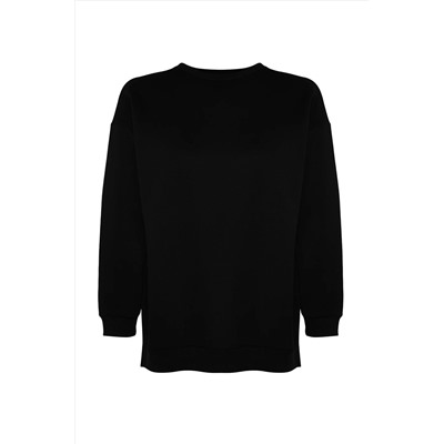 Siyah Kalın İçi Polarlı Yırtmaçlı Oversize/Bol Kesim Örme Büyük Beden Sweatshirt TBBAW24AO00003