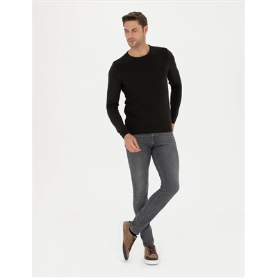 Kahverengi Slim Fit Bisiklet Yaka Triko Kazak