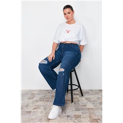 Koyu Mavi Yüksek Bel Destroylu Geniş Paça Büyük Beden Wide Leg Jeans TBBSS22JE00006
