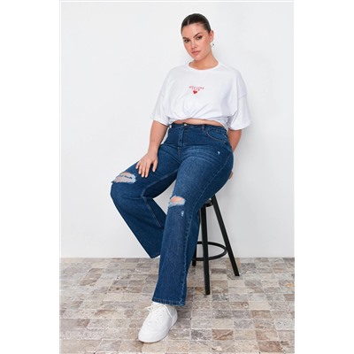 Koyu Mavi Yüksek Bel Destroylu Geniş Paça Büyük Beden Wide Leg Jeans TBBSS22JE00006