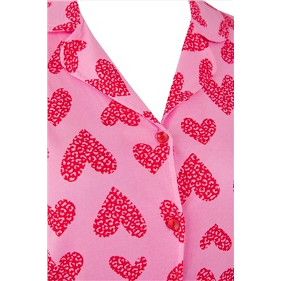 Pembe %100 Pamuklu Kalp & Leopar Desenli Gömlek-Pantolon Örme Pijama Takımı TBBAW26AI00017