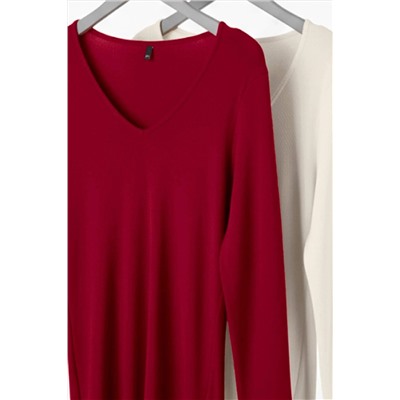 Bordo-Ekru 2'li Paket V Yaka Fitted/Vücuda Oturan Pamuklu Esnek Örme Bluz TBBAW26AF00018