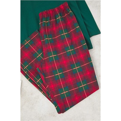 Yeşil %100 Pamuklu Ayıcıklı Ekoseli Örme Pijama Takımı TBBAW26AI00034