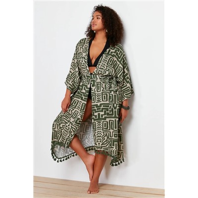 Çok Renkli Etek Ucu Püsküllü Yarasa Kol Viskon Plaj Giyim Büyük Beden Kimono&Kaftan TBBSS24DE00005
