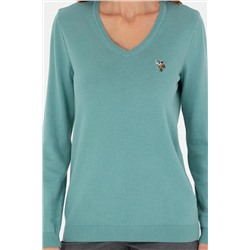 Kadın Mint V- Yaka Basic Kazak