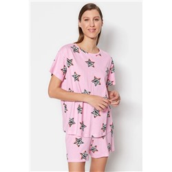 TRENDYOLMİLLA Pembe %100 Pamuk Yıldız Baskılı T-shirt-Şort Örme Pijama Takımı THMSS23PT00005