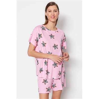 TRENDYOLMİLLA Pembe %100 Pamuk Yıldız Baskılı T-shirt-Şort Örme Pijama Takımı THMSS23PT00005