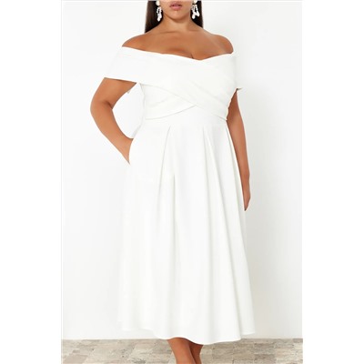 Beyaz Madonna Yaka Dokuma Büyük Beden Abiye/Bridal/Nikah/Nişan/Gece Elbisesi TBBSS24AH00117
