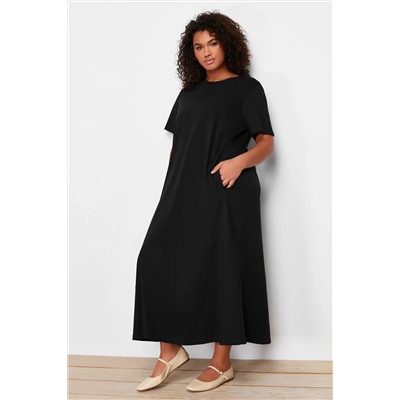Siyah Midi %100 Pamuk Örme T-shirt Elbise TBBSS24AH00067