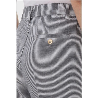 Kadın Lacivert Çizgili Keten Karışımlı Carrot Fit Kanvas Pantolon
