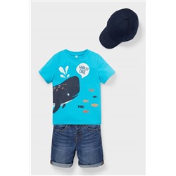 Set - Kurzarmshirt, Jeansshorts und Cap - Bio-Baumwolle