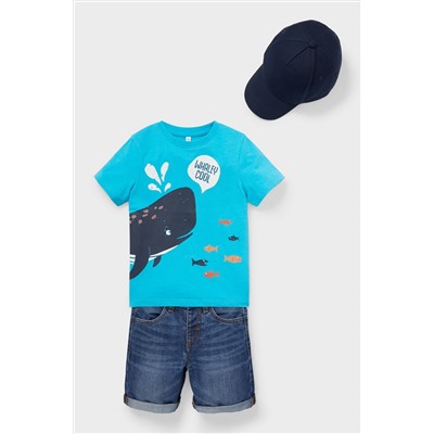 Set - Kurzarmshirt, Jeansshorts und Cap - Bio-Baumwolle