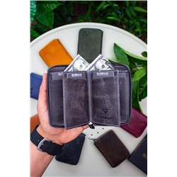 Garbalia, Fargo Vintage Deri Fermuarlı Gri Kartlık Cüzdan