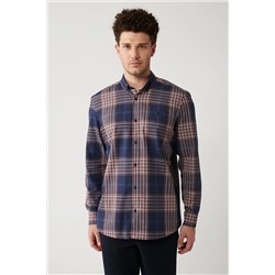 Avva Erkek Lacivert-Kahverengi Düğmeli Yaka Ekose Desenli Flanel Overshirt Fit Gömlek A32Y2059