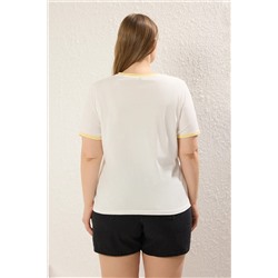 Sarı Boyfriend Fit Basklı Yıkamalı %100 Pamuk Büyük Beden Örme T-Shirt TBBSS25BF00055