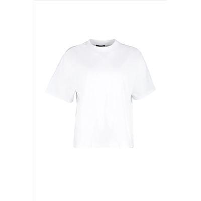 Beyaz Yaka Ribanalı Geniş Kalıp Basic %100 Pamuk Örme T-shirt TBBSS23BF00017