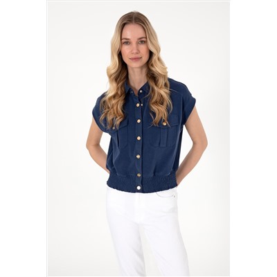 Kadın Lacivert Modal Karışımlı Kısa Kollu Polo Yaka Sweatshırt