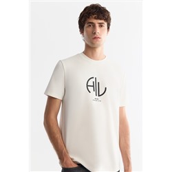 Ekru Bisiklet Yaka Elastan İnterlok T-Shirt