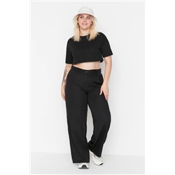 Siyah Wide Leg/Geniş Paça Pileli Dokuma Büyük Beden Kumaş Pantolon TBBAW23AR00007