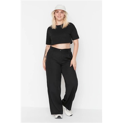 Siyah Wide Leg/Geniş Paça Pileli Dokuma Büyük Beden Kumaş Pantolon TBBAW23AR00007
