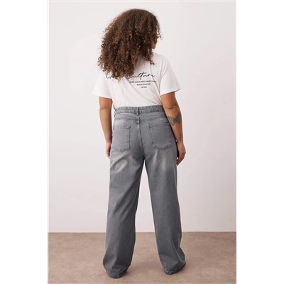 Gri Yüksek Bel Geniş Paça Büyük Beden Wide Leg Jeans TBBSS24CJ00050