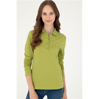 Kadın Fıstık Yeşili Basic Polo Yaka Sweatshirt