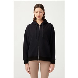 LOS OJOSKadın Siyah Kapüşonlu Oversize Şardonlu Fermuarlı Örme Sweatshirt