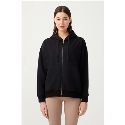 LOS OJOSKadın Siyah Kapüşonlu Oversize Şardonlu Fermuarlı Örme Sweatshirt