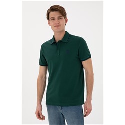 Erkek Slim Fit Polo Yaka Koyu Yeşil Basic Tişört