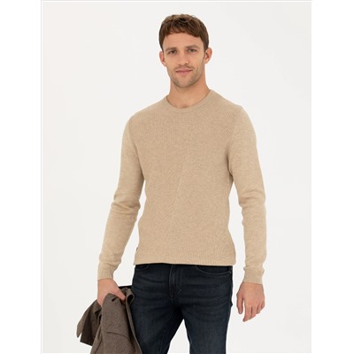 Bej Slim Fit Bisiklet Yaka Triko Kazak