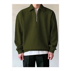 GENIUS STORE Erkek Polo Yaka Oversize Sweatshirt Yarım Fermuar Sweatshirt OVERSIZE-SWEATSHIRT