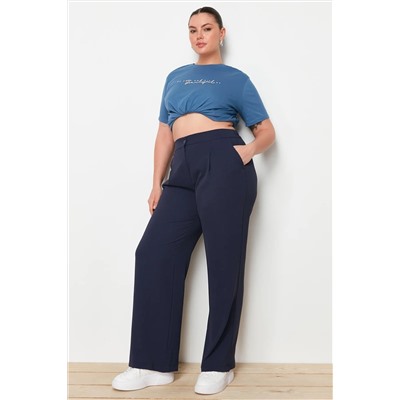 Lacivert Lastikli Yüksek Bel Pileli Wide Leg Dokuma Pantolon TBBSS22PL0448